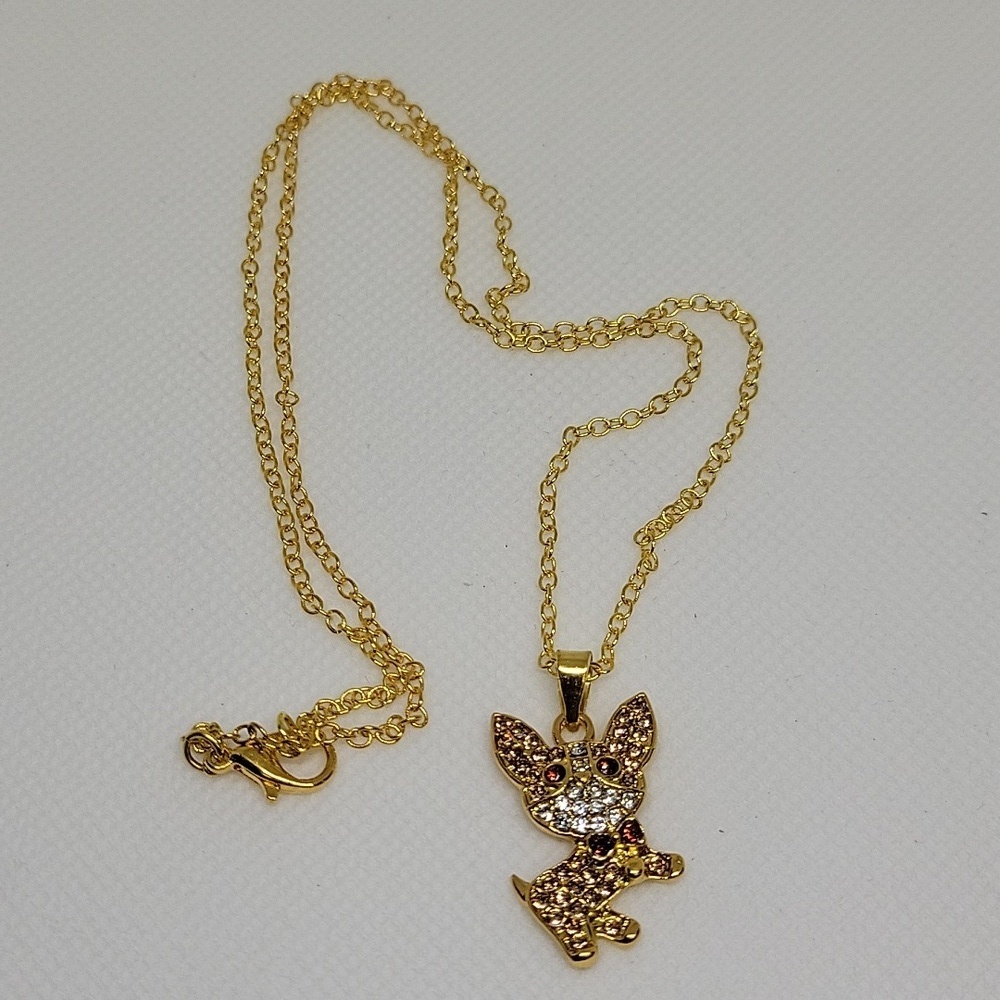 Yorkie Dog Puppy Rhinestone Gold Tone 20" Necklace